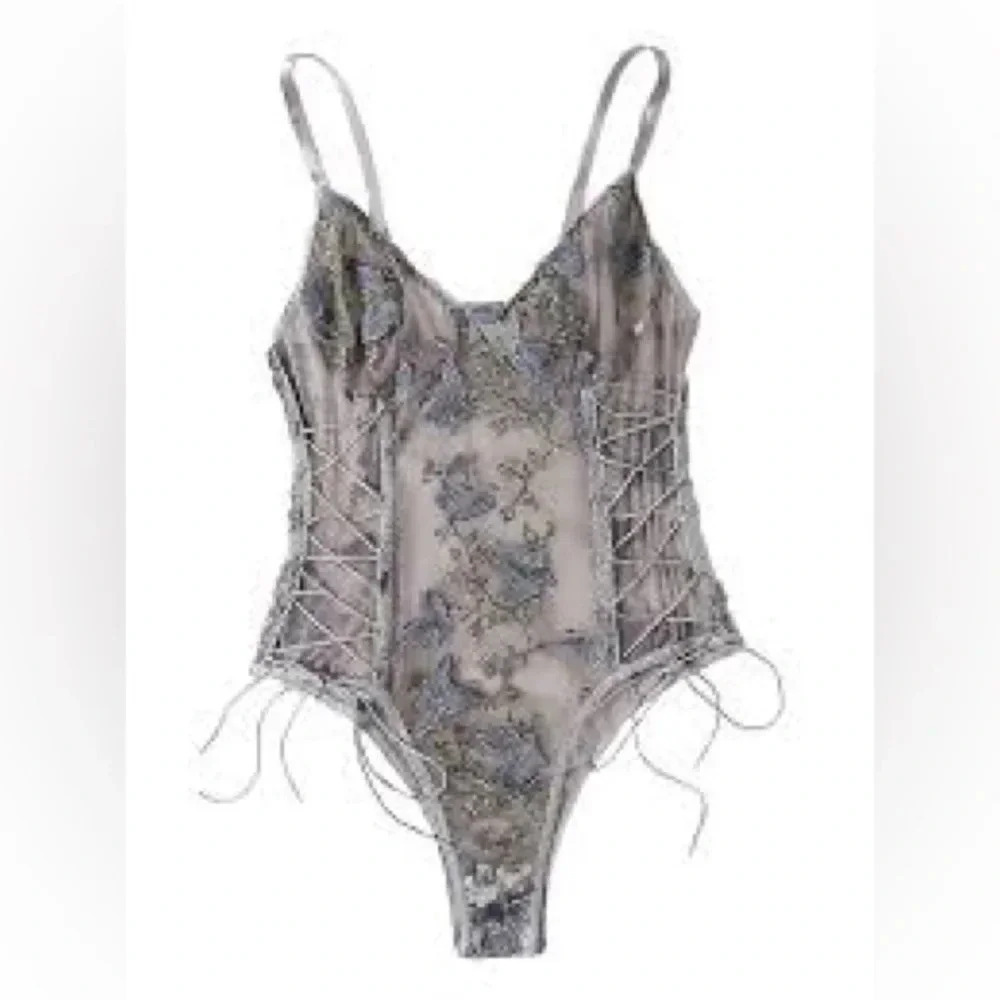Floral Embroidered Mesh Lace-Up Teddy Bodysuit Size: Medium NWOT
